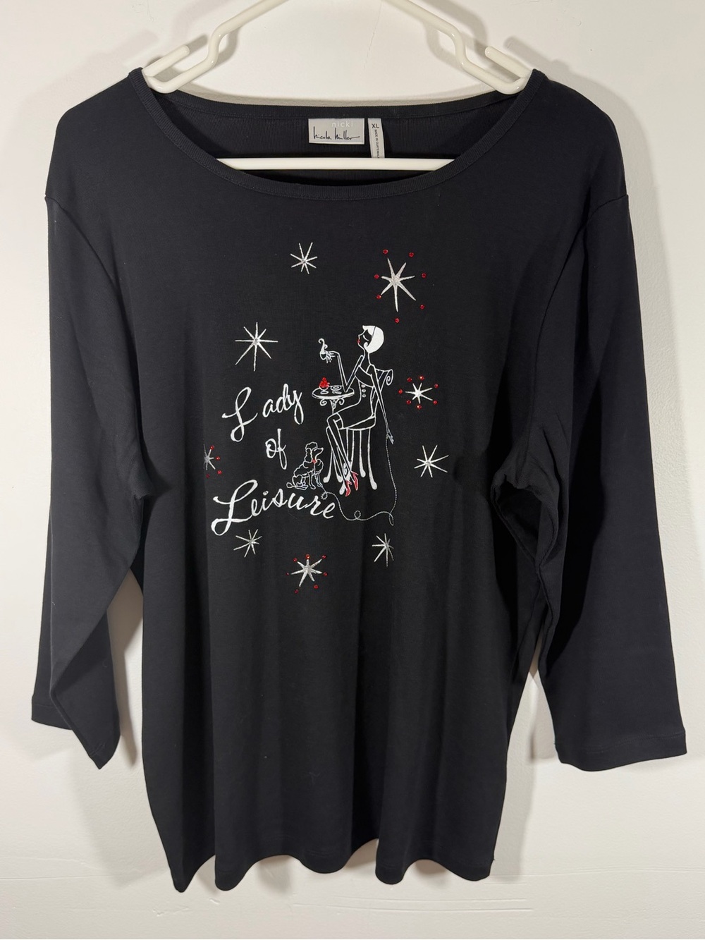 Nicole Miller Black Long Sleeve "Lady of Leisure" Graphic Tee